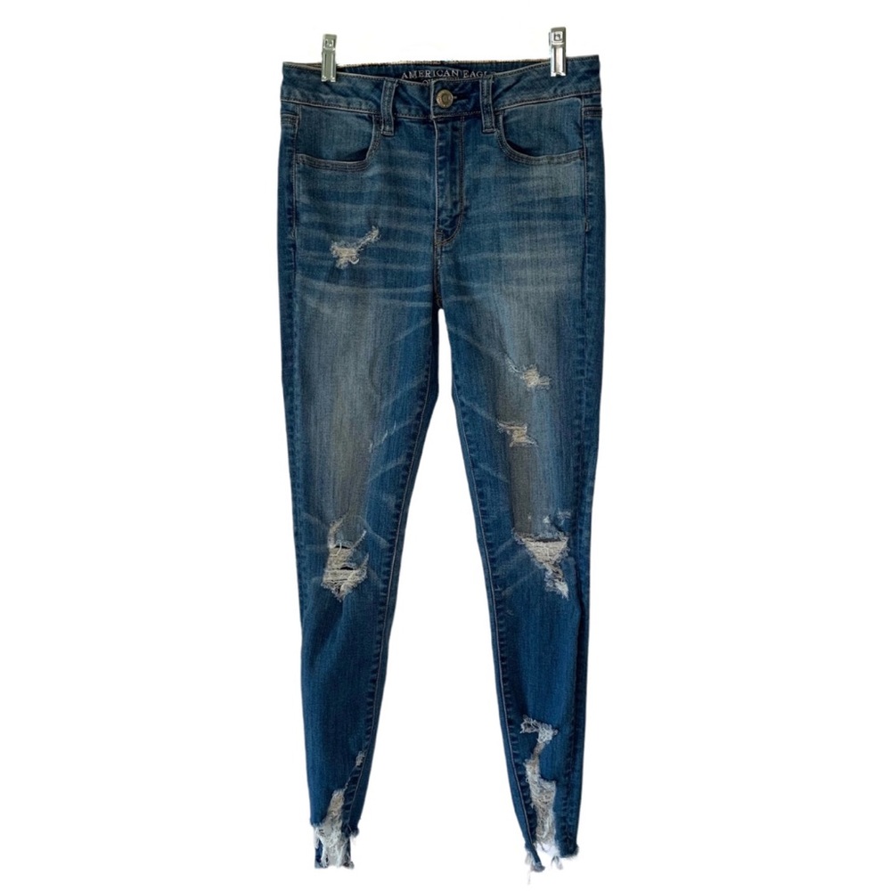 AMERICAN EAGLE Medium-Wash Blue Super-Stretch Hi-Rise Distressed Jegging 6L